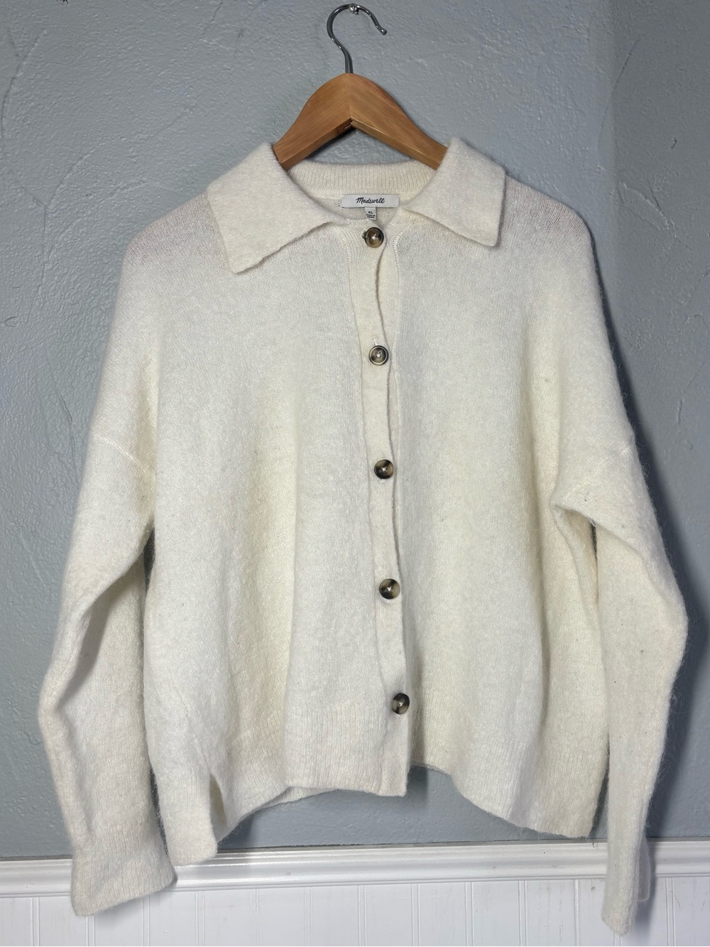 Madewell Off-White Wool/Alpaca Blend Carabelle Polo Button-Up Cardigan XL Boxy - Picture 4 of 13